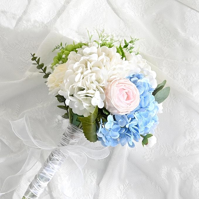 Artflower 4Pcs Real Touch Hydrangea Artificial Flowers, 22.5'' White & Blue Faux Full Latex Hydrangea Flowers for Home Floral Arrangements Wedding Bouquets Kitchen Table Centerpiece Decorations