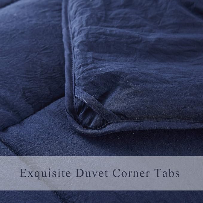 HIG 3pc Prewashed All Season Down Alternative Comforter Duvet Insert -Quilted Comforter with Corner Tabs -Box Stitched -250GSM Fiberfill Chic Farmhouse Style Bedding(Salomon,Queen,Navy)