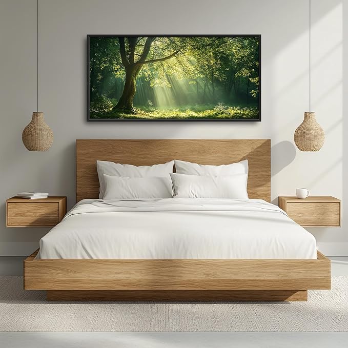 Framed Large Wall Art for Living Room, Green Forest Tree Canvas Wall Decor, Large Nature Pictures Framed Painting, Natural Landscape Artwork for Bedroom Office Home Decor 60L'' × 30W''