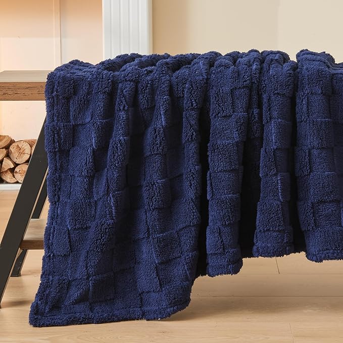 NEWCOSPLAY Super Soft Throw Blanket Dark Navy Premium Silky Flannel Fleece 3D Checkered Lightweight Bed Blanket All Season Use (Dark Navy Checkered, Throw(50"x70"))