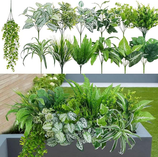 GTIDEA 19Pcs Outdoor Artificial Plants UV Resistant Fake Shrubs Bushes Plastic Greenery, Faux Plants for Outside Indoor Hanging Plants Garden Porch Window Box Home Wedding Farmhouse Décor