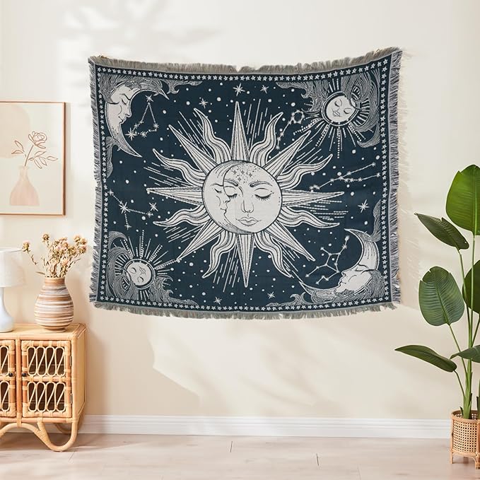 Boho Throw Blanket Reversible Cotton Bohemian Tapestry Hippie Room Decor Outdoor Blanket Double Sided (Navy Sun Moon 50"x60")