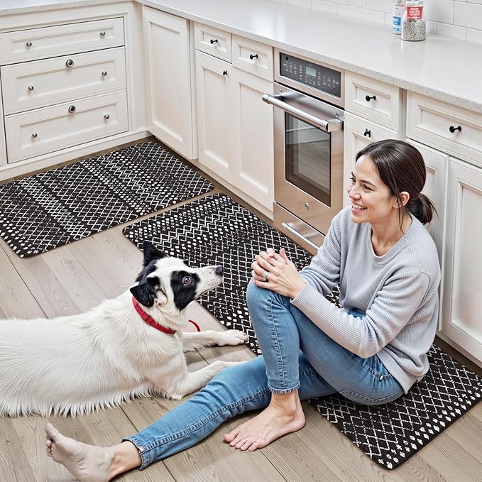 KIMODE Anti Fatigue Mats for Kitchen Floor 17"x47"+17"x29", Black Boho Kitchen Rugs Sets of 2, Cushioned Kitchen Floor Mats, Non Slip Standing Mats for Sink Laundry Office Desk