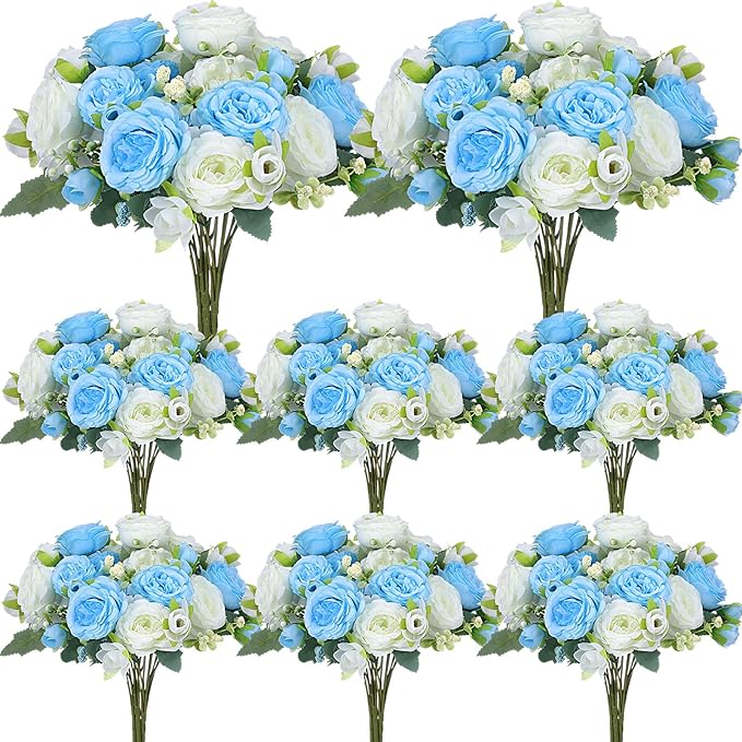 Geosar 8 Bundles Artificial Peonies Flowers Fake Silk Peony Bouquet Faux Peonies Flowers Bulk for Decoration Vase Florals Arrangements Wedding Party Table (Blue,White)