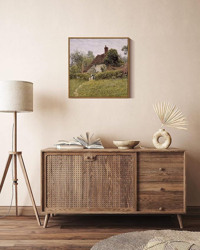 InSimSea Square Framed Canvas Wall Art, Vintage Landscape Prints Old Cottages Countryside Landscape Large Canvas Wall Art, Rustic Farmhouse Wall Decor for Bedroom Living Room Bathroom 16"x16"