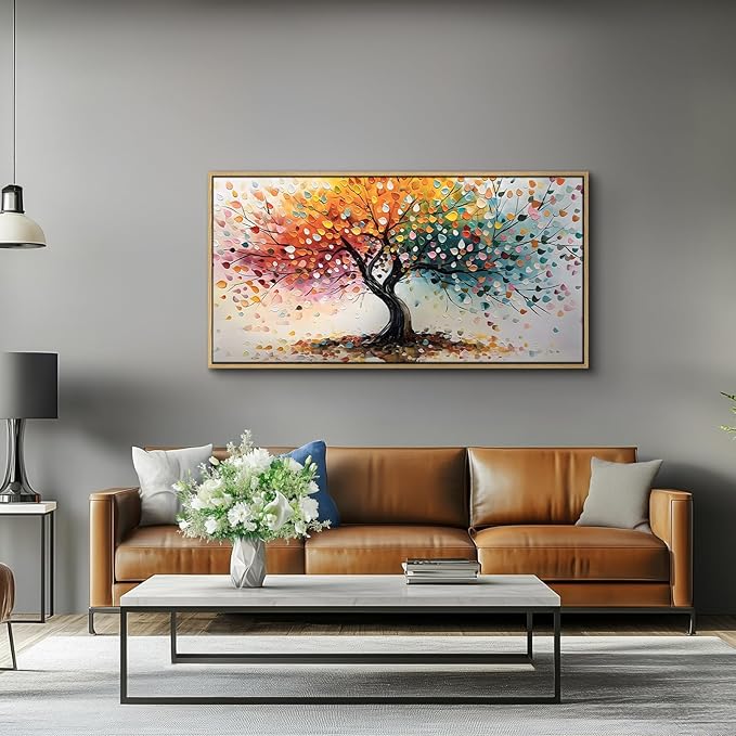 crmotu Tree of Life Large Framed Wall Art, Rainbow Tree Canvas Prints Abstract Painting, Colorful Modern Aesthetic Wall Pictures for Living Room Bedroom Bathroom Home Office Decorations 24"X48"