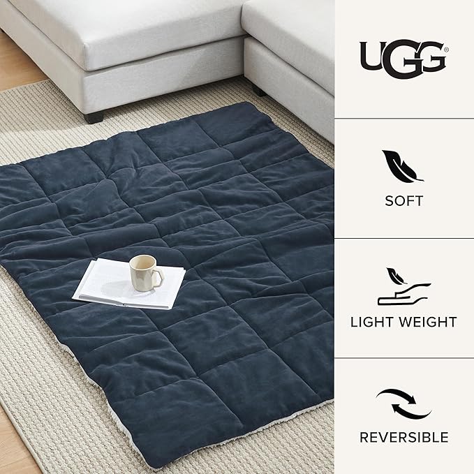 UGG Nita Throw Blanket Soft Reversible Plush Throw for Couch or Bed Washable Warm Fluffy Blanket for College Dorm Room Essentials and Bedding with Down Alternative Fill, 50-inch x 70-inch, Navy Blue