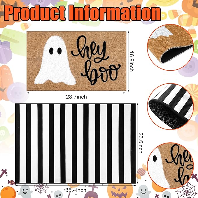 2 Pcs Halloween Doormat Hey Boo Ghost Outdoor Welcome Mats for Front Door Non Slip Ghost Coir Floor Mat Black White Stripe Halloween Rug for Outside Front Porch Entryway Decor