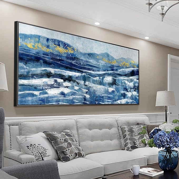 Framed Wall Art for Living Room Blue Black Yellow Abstract Mountain Peaks Canvas Print Sea Landscape Painting White Ocean Waves Textured Picture Modern Minimalist Seascape Coastal Artwork 30x60inch