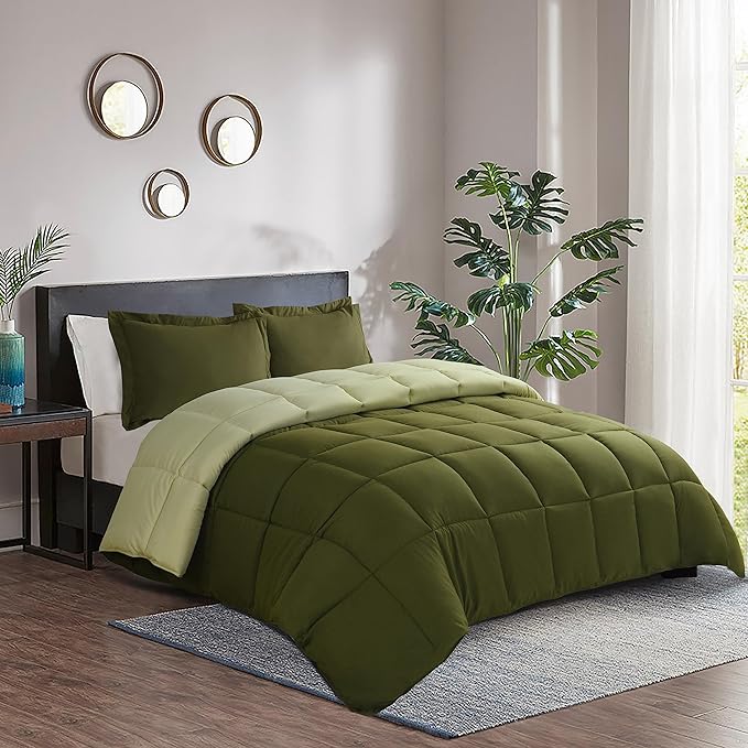 HIG 3pc Olive Green California King Comforter Set - All Season Reversible Down Alternative Comforter with Two Shams - Quilted Duvet Insert with Corner Tabs - Box Stitched - Breathable, Soft, Fluffy