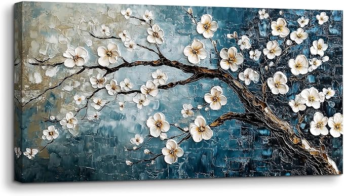 crmotu Plum Blossom Wall Art, Japanese Flower Canvas Large Artwork, Teal Blue Tree Trunk Oil Paintings Prints, Modern Aesthetic Pictures Wall Decor Living Room Bedroom Home Office 24X48 Inches