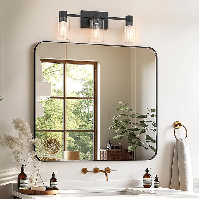 3-Light Matte Black Wall Sconces for Bathroom, Modern Vanity Light Fixtures Over Mirror, Bathroom Light Fixtures with Clear Glass Shade, E26 Wall Sconces for Living Room, Hallway