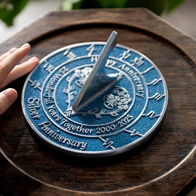 Metal Foundry Personalized Silver 25th Sundial - Heavy Duty Recycled Brass Home Decor, Garden Present Made in The UK for Parents, Grandparents, Friends, Couples 25 Years Marriage