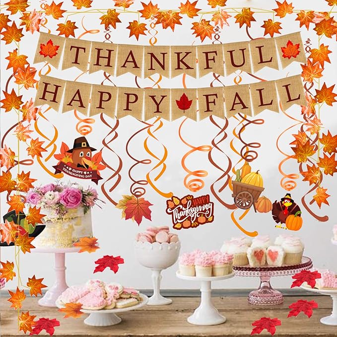 Thankful Happy Fall Burlap Banner Paper Triangular Bunting Maple Leaf Garland Plastic Streamer for Autumn Harvest Thanksgiving Day Party Decoration