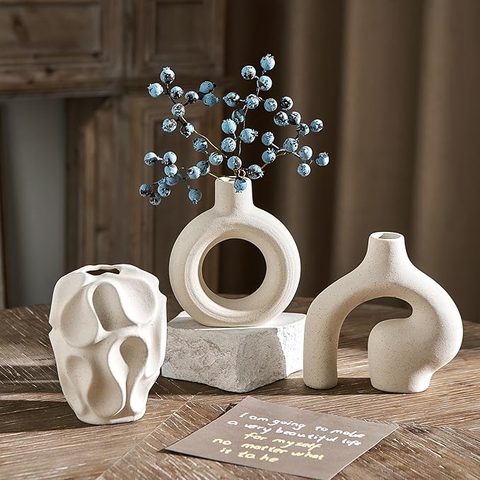 White Ceramic Vase Set of 3, Small Vases for Home Decor, Modern Boho Vase for Pampas Grass, Decorative Round White Vases Centerpieces for Coffee Table Living Room Shelf