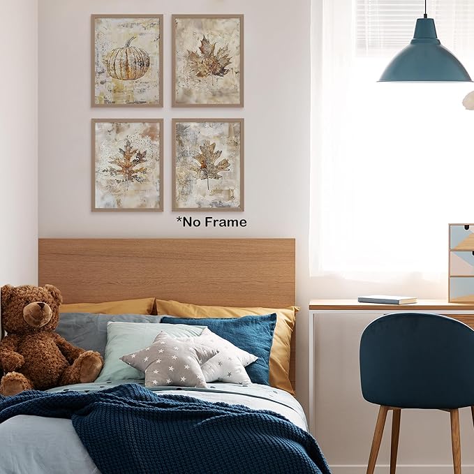 TLESKE Vintage Fall Leaves Posters Prints Unframed 12x16 Set of 4, Autumn Rustic Maple Oak Leaf Wall Art Prints Decor for Farmhouse Bedroom Living Room, Thanksgiving Wall Pictures