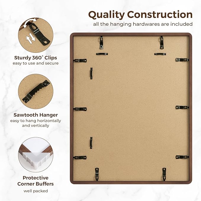 16x20 Picture Frame for Wall, Solid Oak Wood 16 by 20 Frames, 16 x 20 Poster Frame with Tempered Glass, 16x20 Frame Matted to 11x14, 16"x20" Wood Frame for Home Decor, Walnut Color, 3 Pack