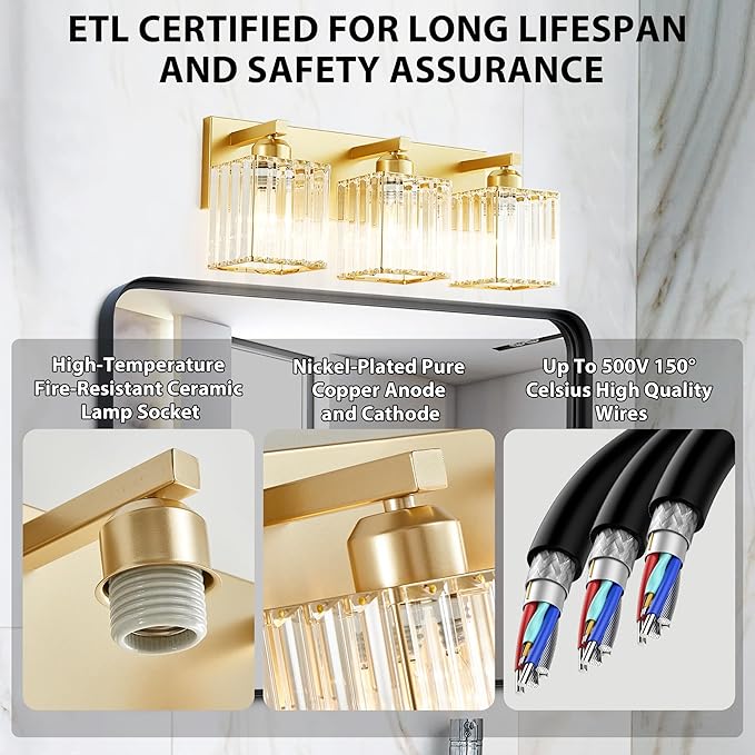 Bathroom Vanity Light Fixtures Over Mirror - Makeup Lighting Pure Gold - for Modern Wall, Bath, Desk, Farmhouse, Hallway 3 Crystal Lights