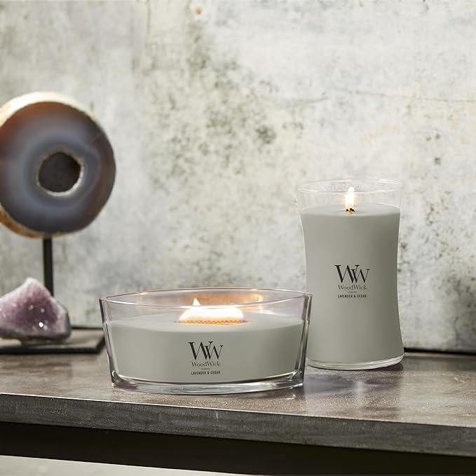 WoodWick Large Hourglass Candle Lavender/Cedar - Premium Soy Blend Wax Pluswick Innovation Wood Wick Made in USA