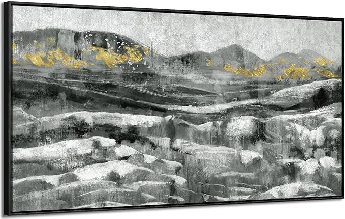 Black Framed Wall Art for Living Room Abstract Mountain & Sea Nature Landscape White Ocean Waves Picture Modern Minimalist Textured Seascape Painting Coastal Canvas Print Neutral Artwork 24x48inch