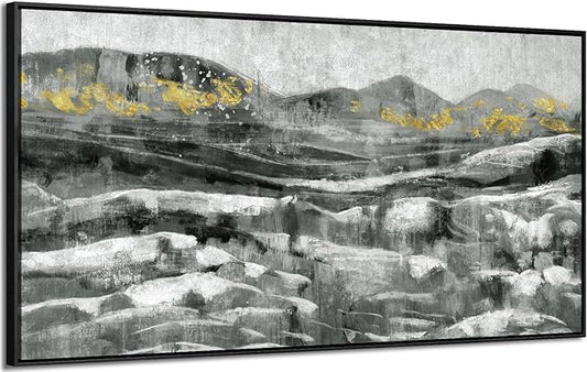 Black Framed Wall Art for Living Room Abstract Mountain & Sea Nature Landscape White Ocean Waves Picture Modern Minimalist Textured Seascape Painting Coastal Canvas Print Neutral Artwork 24x48inch