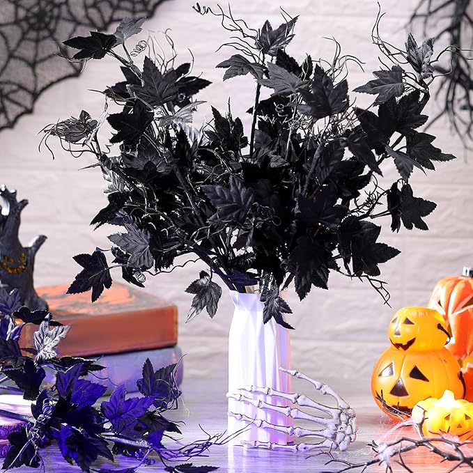 12 Pcs 19.7 Inch Artificial Halloween Flowers Decorations Black Floral Stem Leaves Picks Branches Black Gothic Halloween Table Decorations for Home Indoor Party Vase Arrangement Decor