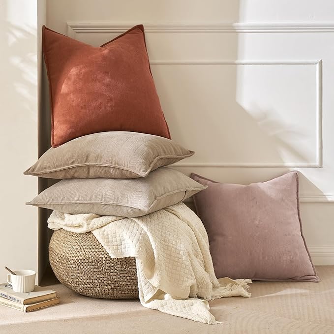 MIULEE Pack of 2 Beige Decorative Pillow Covers 20x20 Inch Soft Chenille Luxurious Couch Throw Pillows Farmhouse Cushion Covers with Elegant Design for Sofa Bedroom Living Room Home Decor