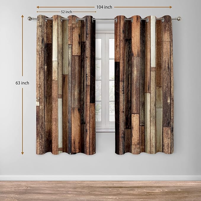 Jekeno Rustic Wooden Blackout Curtains Brown Wood Hardwood Floor Plank Board Door of Farmhouse Village Rural Lodge Retro Decor for Bedroom Living Room Grommet Window Drapes 2 Panel Set, 52"x63"