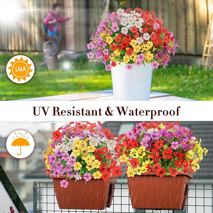 24 Bundles Artificial Flowers for Outdoors Decorations, Fake Flowers Artificial Plants Outdoor, Colorful Daisy Eucalyptus Realistic UV Resistant for Garden Patio Porch Home Decor