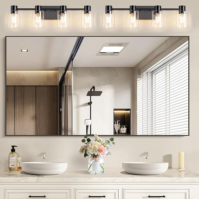 4-Light Modern Vanity Light Fixtures Over Mirror, Matte Black Bathroom Light Fixtures, Vanity Lights, Wall Sconce with Clear Glass Shade for Bathroom, E26 Base