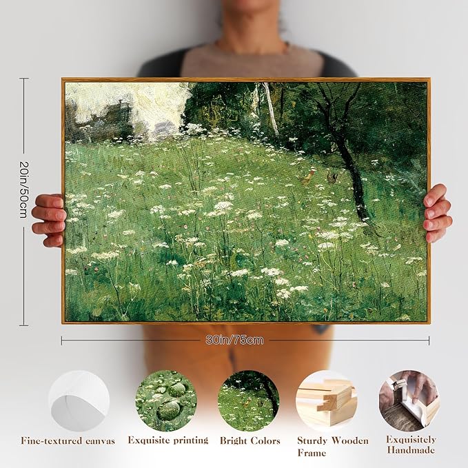crmotu Vintage Framed Wall Art, Meadow Wildflower Landscape Canvas Painting, Nature Outdoor Scenery Art Prints, Rustic Aesthetic Wall Pictures for Living Room Bathroom Bedroom Farmhouse Decor 20x30in