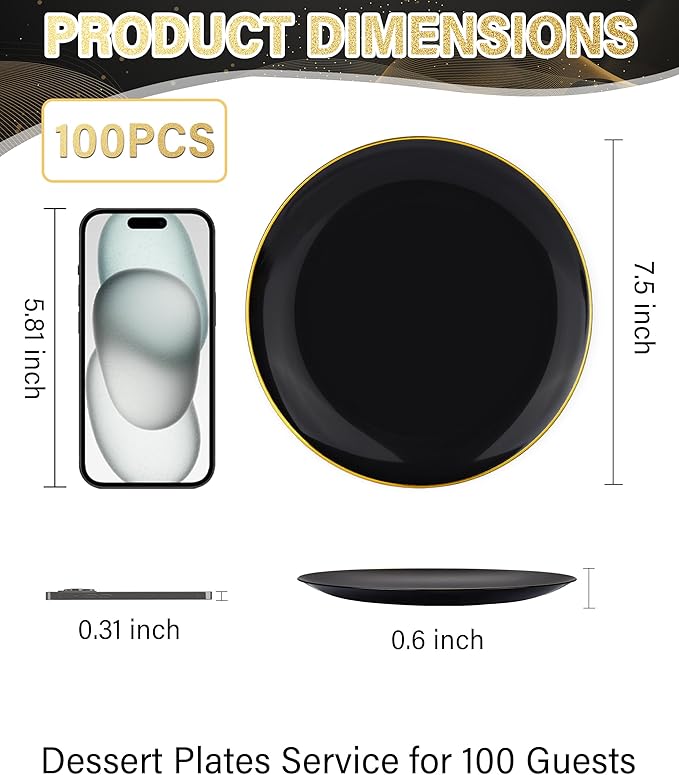 Nervure 100 Pieces Black Plastic Plates - 7.5inch Black Dessert Plates - Disposable Gold Plastic Plate - Disposable Plate Ideal for Wedding & Party & Halloween
