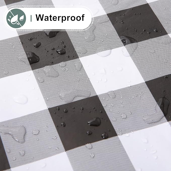 misaya Round Waterproof Vinyl Table Cloth, Buffalo Flannel Backed Tablecloth, Wipeable Plastic Table Cover for Dinner, Kitchen, Picnic (60", Black and White)