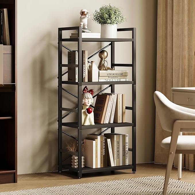Homeiju Black Bookshelf, 4 Tier Small Bookcase, Black Metal Small Bookcase, Book Shelf Organization and Storage for Living Room, Bedroom, and Home Office