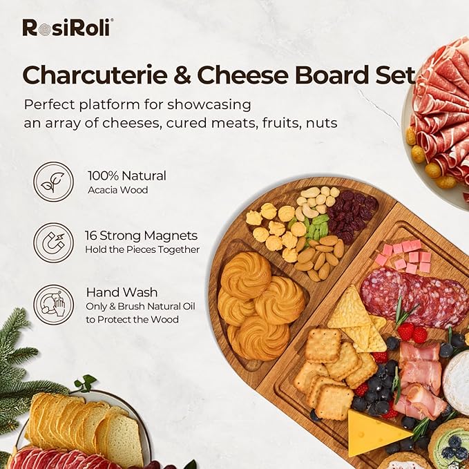 Acacia Wood Charcuterie Board Set - Cheese Board Set with Magnetic - House Warming Gifts New Home, Wedding Gift for Couple, Bridal Shower Gift, Gifts for Father, Perfect for Party