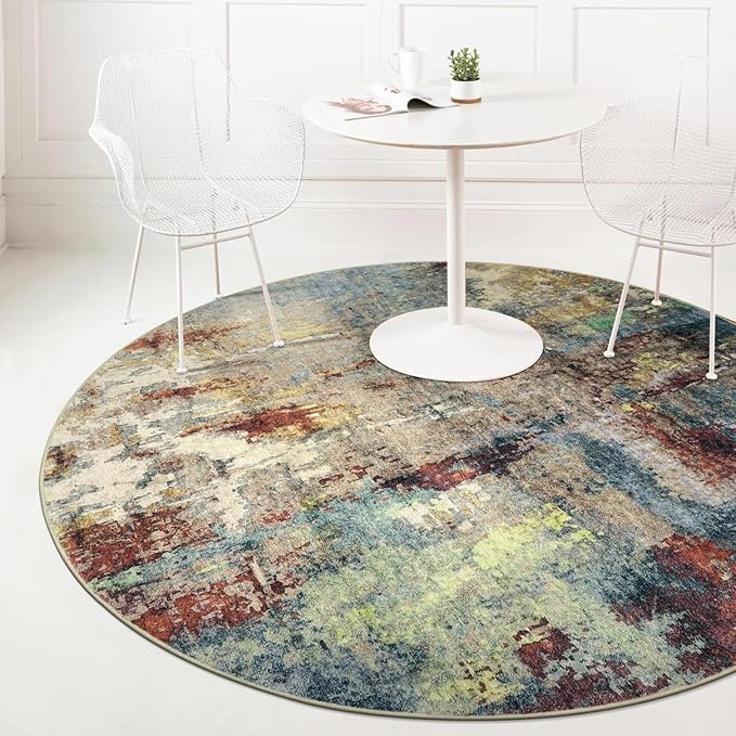 Lahome Modern Abstract Round Rug 5ft - Washable 5x5 Circle Rugs for Bedroom Dining Table Non Slip Non-Shedding, Soft Floor Carpet for Living Room Nursery Dorm Kitchen,Red/Multi