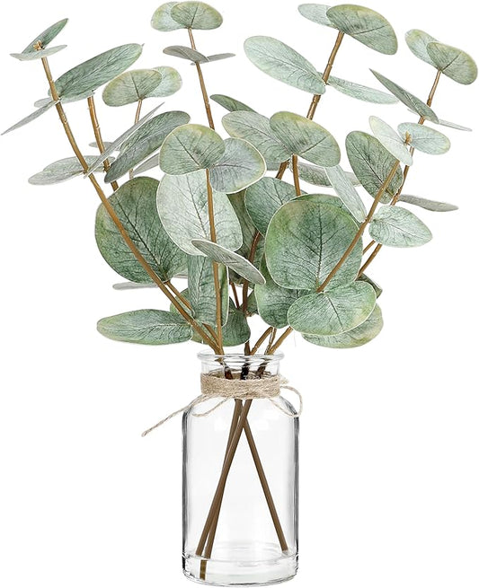 13 Inches Artificial Eucalyptus Stems in Glass Vase with Faux Water, Realistic Fake Plant Eucalyptus Double-sided 3D Printed Leaves for Home Bathroom Farmhouse Wedding Table Centerpiece Indoor Decor