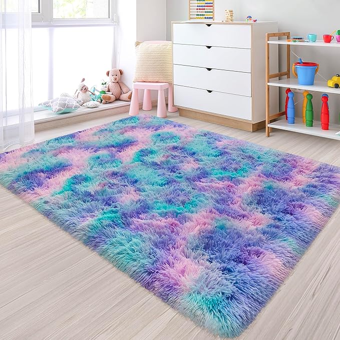 Small Area Rug for Bedroom 3x5ft Mini Tie-Dye Purple Rainbow Fluffy Rug Mat Bedside Throw Rug for Kids Room Boys Teens Nursery Baby Dorm Living Room Home Decor for Modern