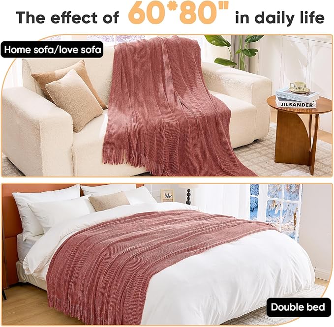 inhand Knitted Coral Pink Throw Blanket for Couch Bed,Chunky Chenille Woven Soft Warm Christmas Blankets Gifts for Women with Tassels, Cozy Boho Farmhouse Fall Winter Decor,60"x80",Extra Thick