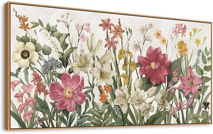 arteWOODS Botanical Framed Wall Art - Flowers Canvas Pictures Wall Decor Wildflowers Plants Painting Artwork Red Beige Blooming Floral Prints for Living Room Bedroom 58 x 29in Natural Wood Frame