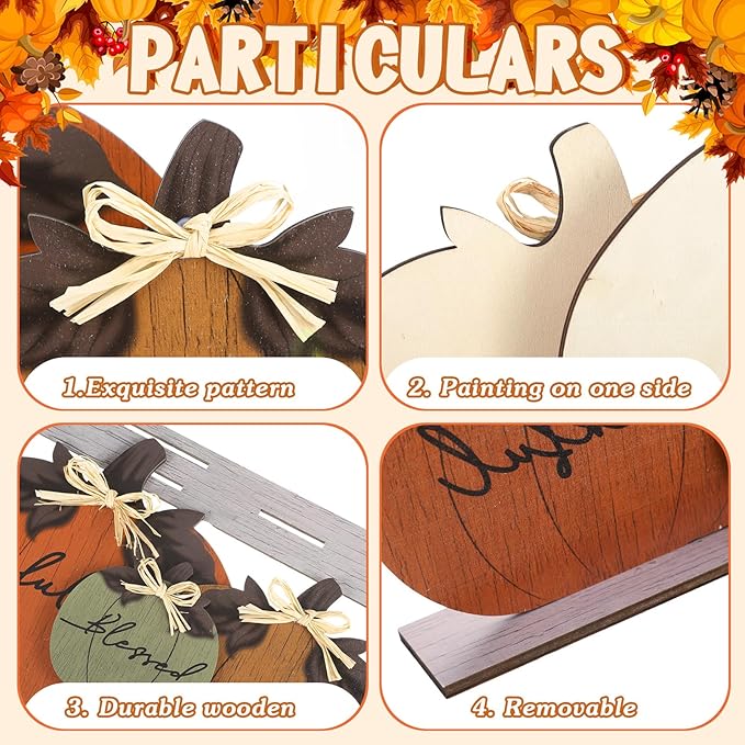 Soaoo Fall Pumpkin Table Decorations Wooden Thankful Blessed Centerpiece Autumn Grateful Tabletop Decor Farmhouse Harvest Pumpkin Block Signs for Party Rustic Table Shelf Decor Home(Classic)