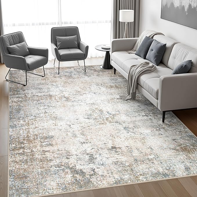 8x10 Area Rug Living Room Rug: Washable Modern Abstract Soft Thin Rug Indoor Floor No Slip Stain Resistant Carpet for Bedroom Dining Room Farmhouse Nursery Home Office - Brown Grey