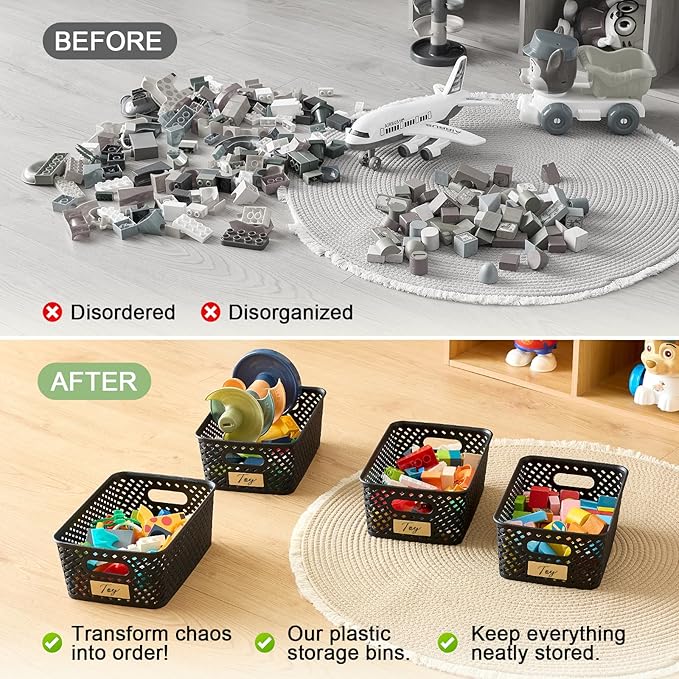 Small Plastic Twill Woven Storage Baskets, Stackable Organizing Containers with Labels for Pantry Office Kitchen, 6-Pack, Black