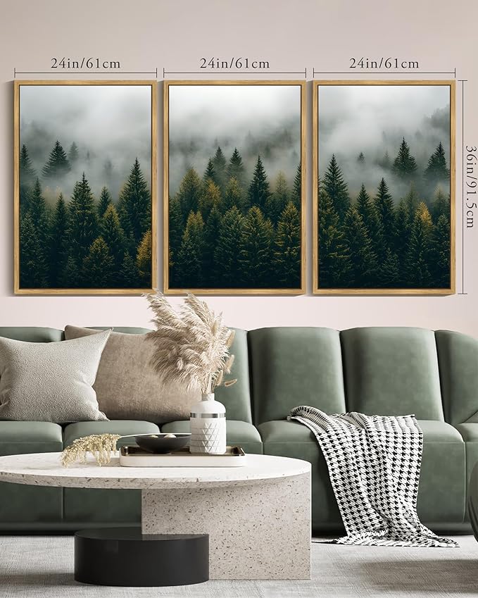 KUVIOKE Green Fog Pine Tree Landscape Framed Wall Art Nature Nordic Misty Forests Prints Morden Farmhouse Bedroom Living Room Ready to Hang 24x36in (Natural Framed)