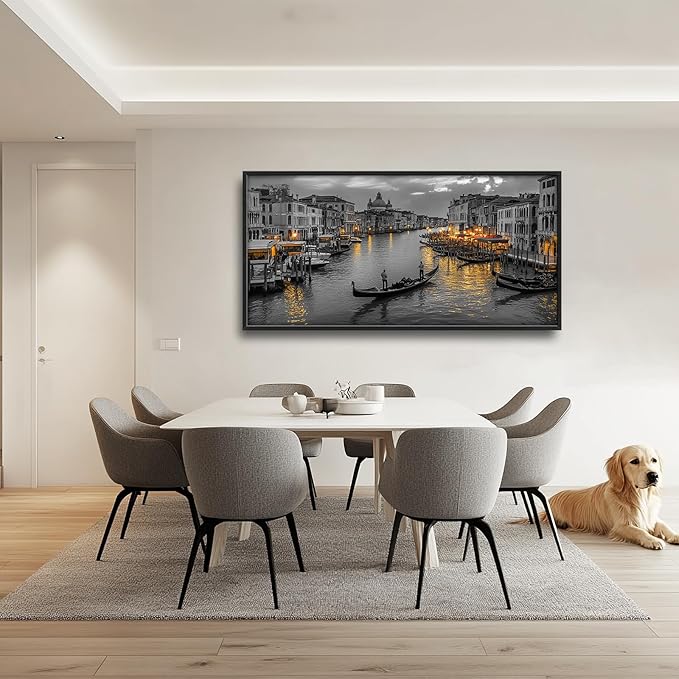 Olivine Italy Large Wall Art, Venice City Pictures Wall Decor, Black and White Painting, Cityscape Canvas Prints, Framed Artwork for Dining Room Living Room Bedroom Bathroom Office Home Decor 60"x30"