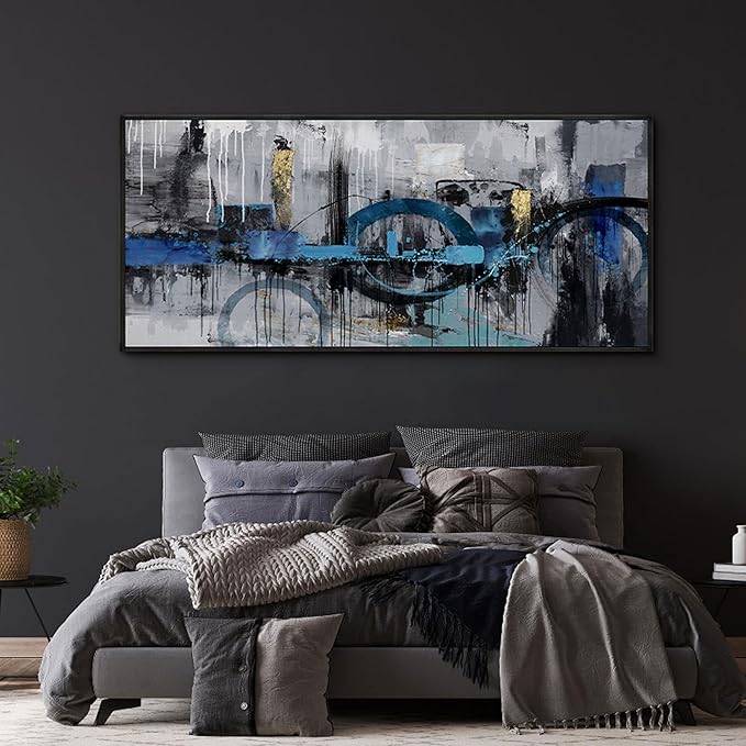 KLAKLA Large Abstract Wall Art Canvas - Blue and Gray Lnk Style Gold City Scenes Wall Decor Living Room Bedroom Decoration Black Frame Picture Artwork for Wall Modern Landscape Wall Decor
