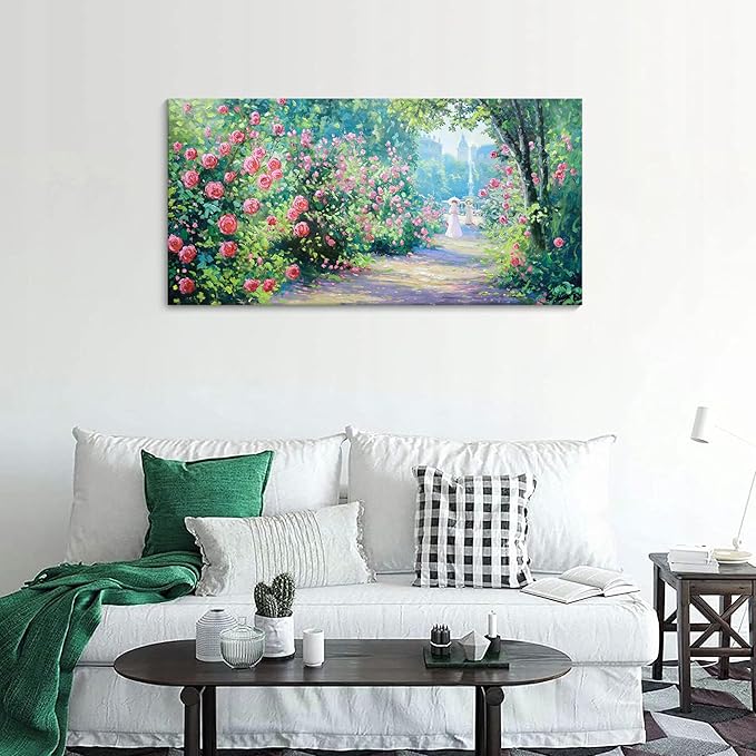 CHATYOUNG Canvas Wall Art Living Room, Blooming Red Roses Manor Landscape Wall Painting Monet Style Wall Art Green Picture Ready to Hang Bedroom Bathroom Kitchen Home Decor Gifts for Women 20x40 In