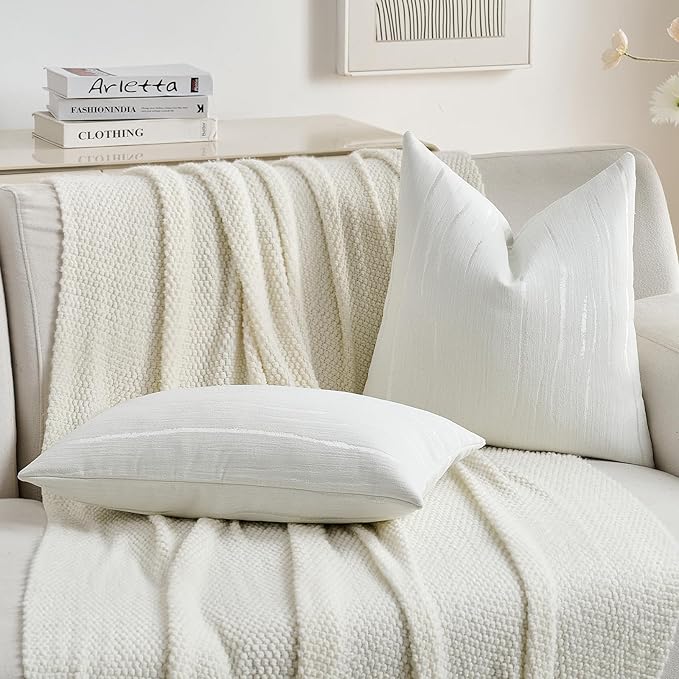 FUTEI White Chenille Decorative Throw Pillow Covers 26x26 Inch Set of 2,Soft Embossed Striped Textured Euro Pillow Shams,Modern Home Decor for Couch Bed Living Room