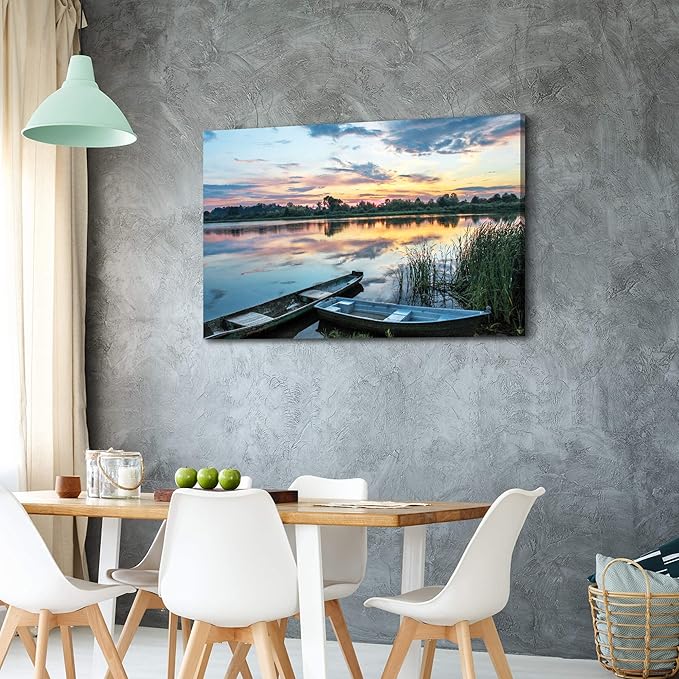 Lake Sunset Canvas Wall Art: Large Forest Landscape Scenery Prints Nature Green Water Reed Painting Wilderness Boat Shore Gallery Artwork Sunrise Skyline Scene Picture for Living Room