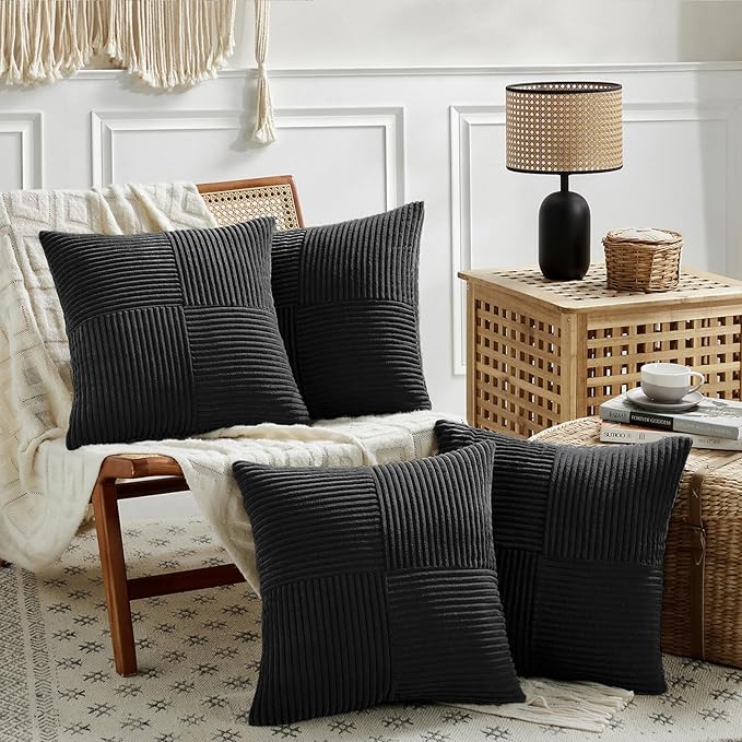 Fancy Homi 4 Packs Black Decorative Throw Pillow Covers 18x18 Inch for Living Room Couch Bed Sofa, Rustic Farmhouse Boho Home Decor, Soft Cross Corduroy Patchwork Textured Square Cushion Case 45x45 cm
